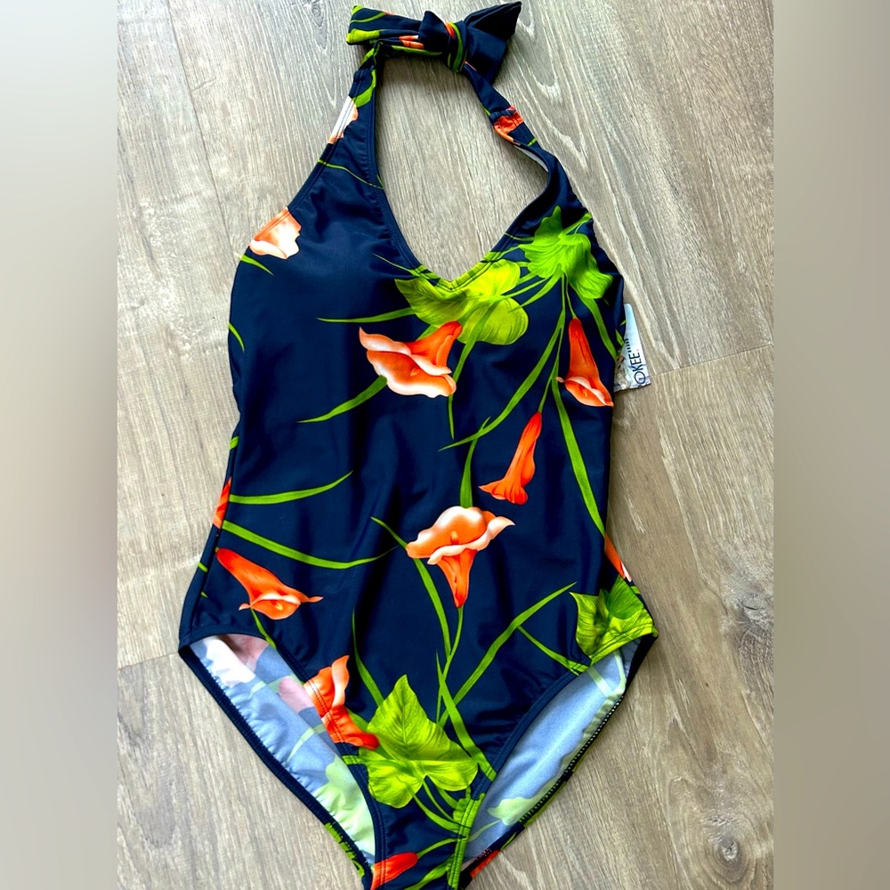 NWT Cherokee Navy and Orange Floral Swim One Piece Bathing Suit